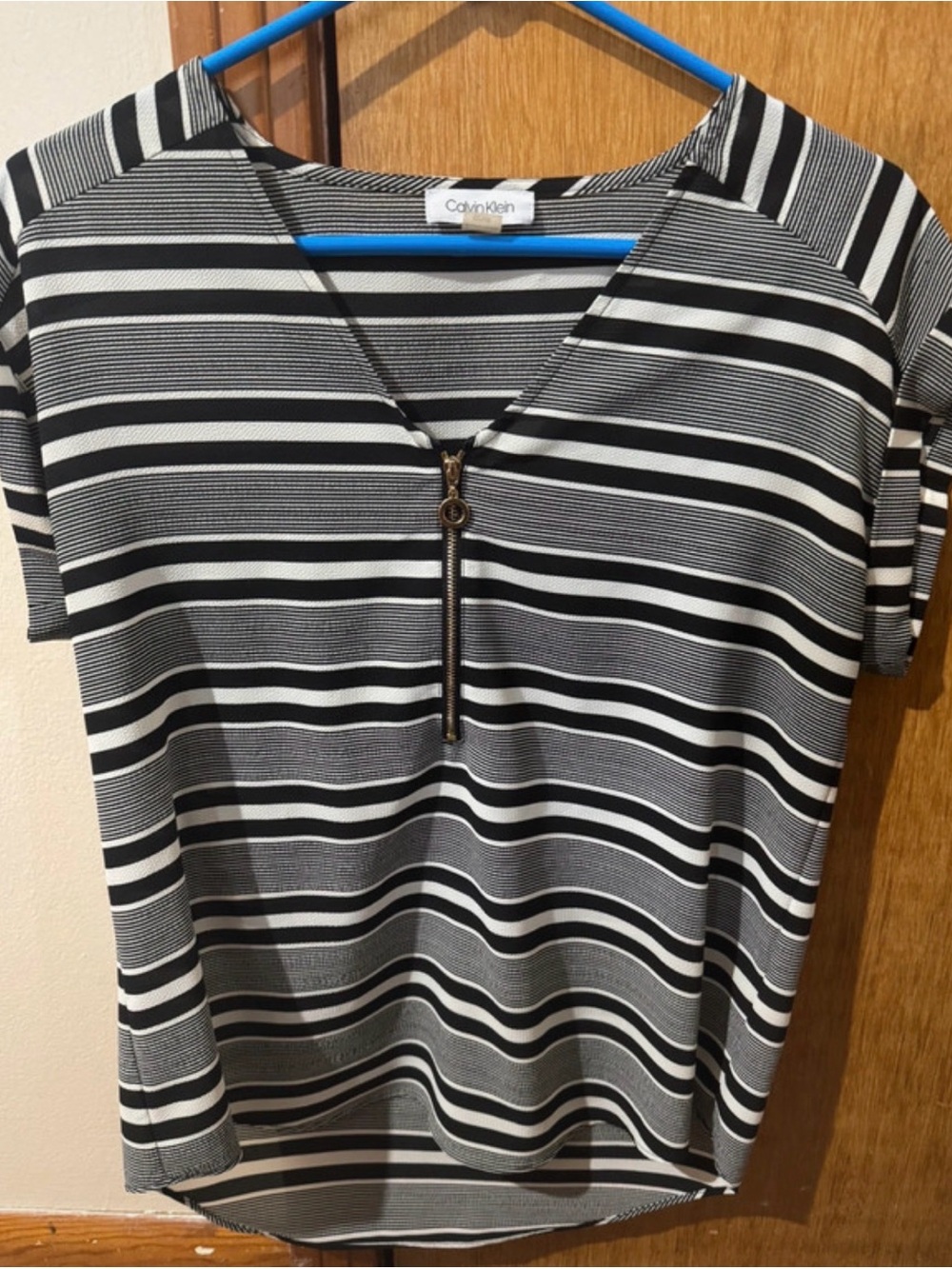 Calvin Klein Black & White Striped Zip-Front Short Sleeve Top